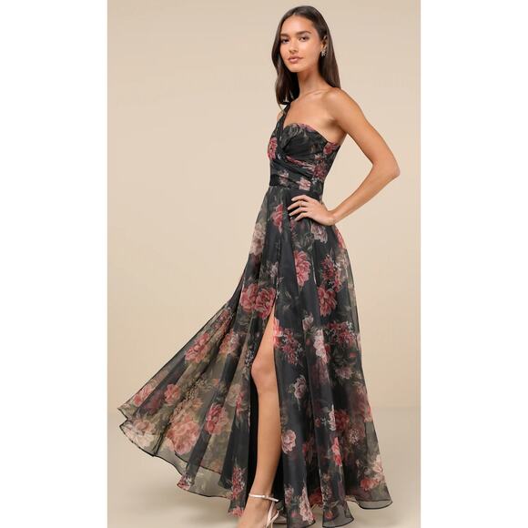 New Lulus Gown-Truly Extraordinary Black Floral Organza One-Shoulder Maxi Dress - Picture 6 of 8